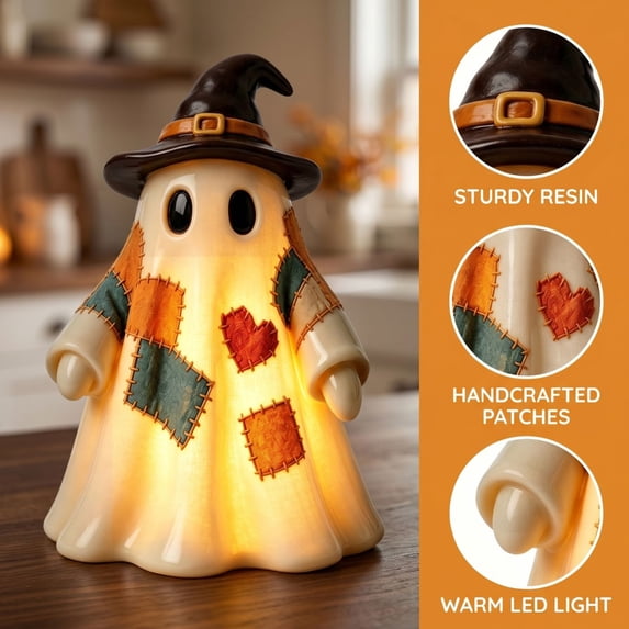 Lighted Vintage Patchwork Ghost, Vintage Halloween Decor, Patchwork Ghost with Pumpkin Lantern, Rustic Ghost Figurine for Mantel Shelf Entryway Porch