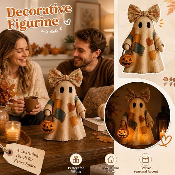 Lighted Vintage Patchwork Ghostses with Pumpkin Lantern 35cm Soft Quilted Fabric Figurine, Battery-Operated Warm LED Glow, Rustic Fall Halloween Decor for Mantel Shelf Tabletop Entryway,1Pc