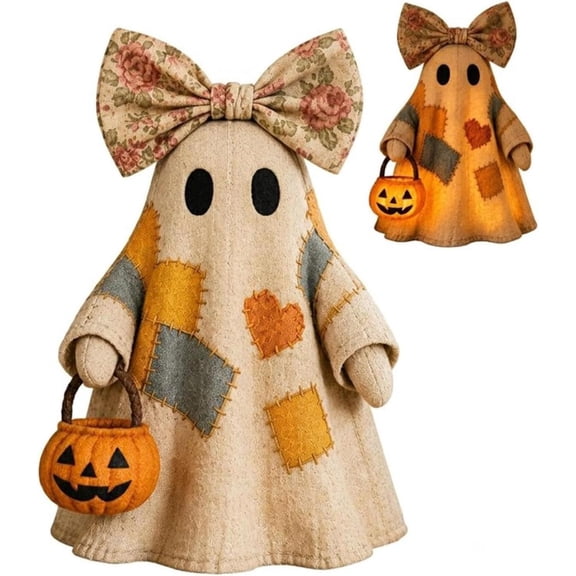 Lighted Vintage Patchworks Ghost, 6in LED Sweet Ghost with Pumpkin Lantern, Rustic Fall Figurine Decoration for Mantel Shelf Entryway Porch(RL)