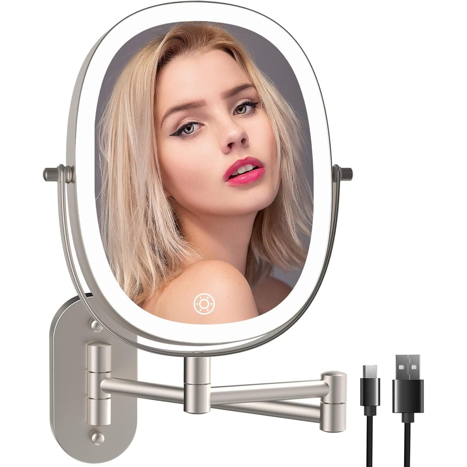 Lighted Wall Mounted Makeup Mirror, Double Sided 1X/7X Magnifying