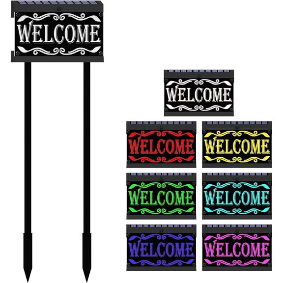 Lighted Welcome Sign Solar Powered, Waterproof RGBW Color Changing, Illuminated Welcome Plaque with Double Stakes for Front Door Proch Yard Home Party Outside Decor