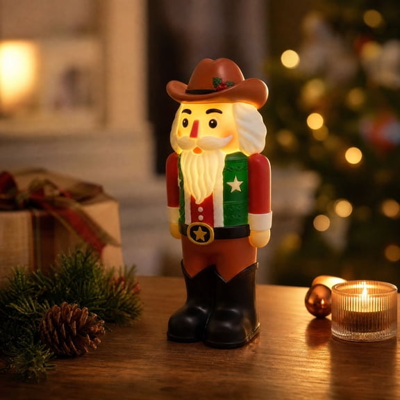 Lighted Western Cowboy Nutcracker Figurine, 8 Inch Light Up Rustic Sheriff Holiday Doll, Christmas Home Mantel Tabletop Decor Gifts Kids