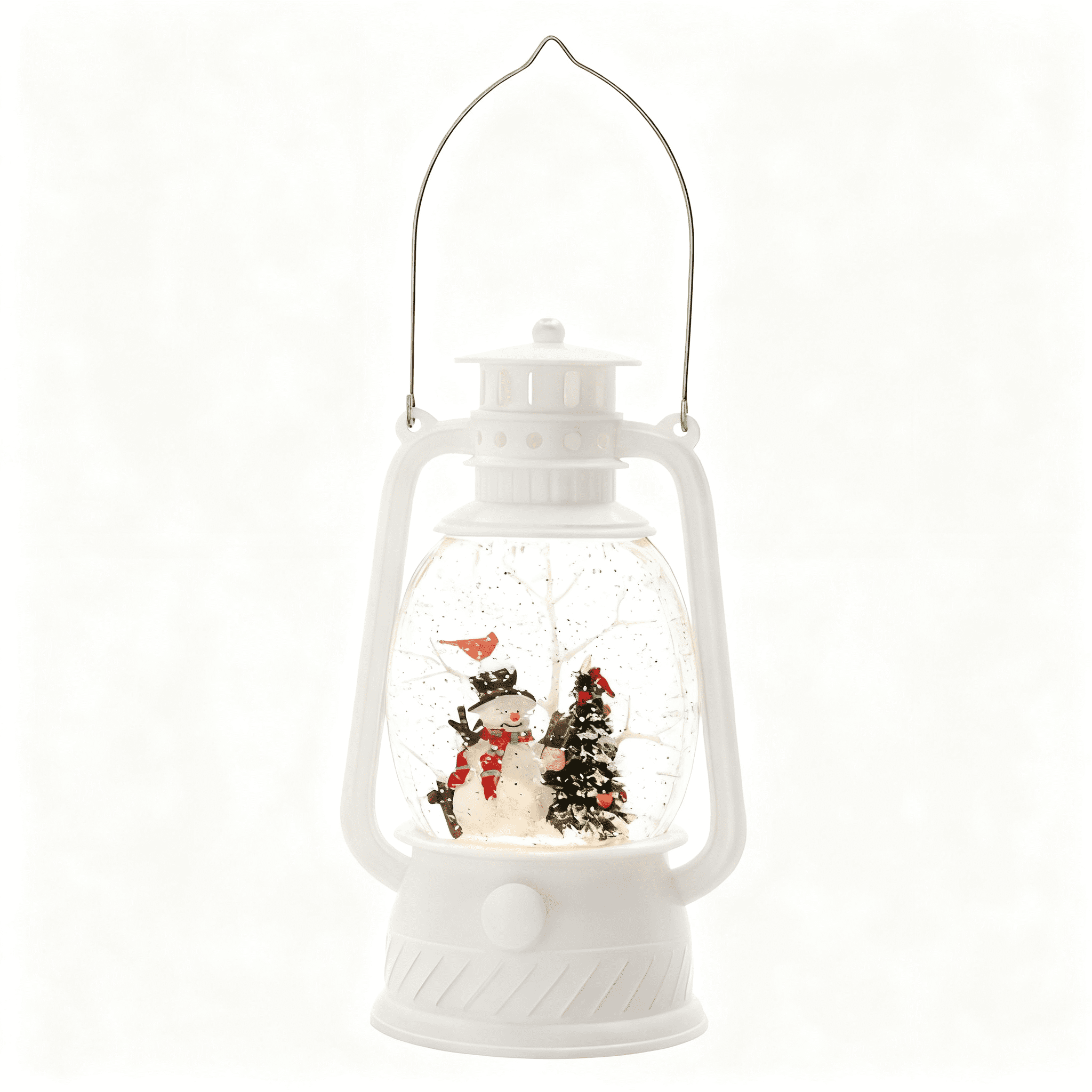 Lighted White Spinning Lantern Christmas Decor with Snowman and Tree 6 Hour Timer Plastic Polyresin Tabletop Holiday Accent