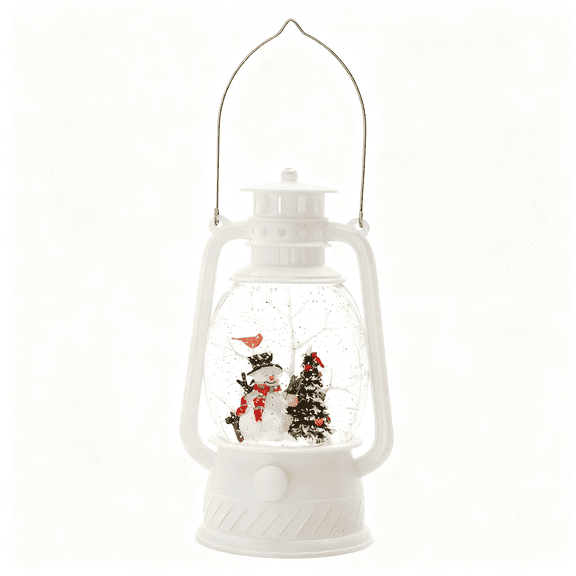 Lighted White Spinning Lantern Christmas Decor with Snowman and Tree 6 Hour Timer Plastic Polyresin Tabletop Holiday Accent