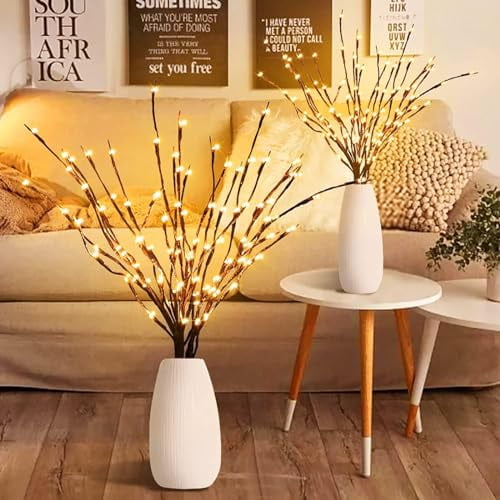 Lighted Willow Branches 36 Inch 96 LEDs Artificial Branches with Lights Plug and Battery Powered Bunch of Three Glowing Branches for Christmas Room Decoration (Vase Not Included)