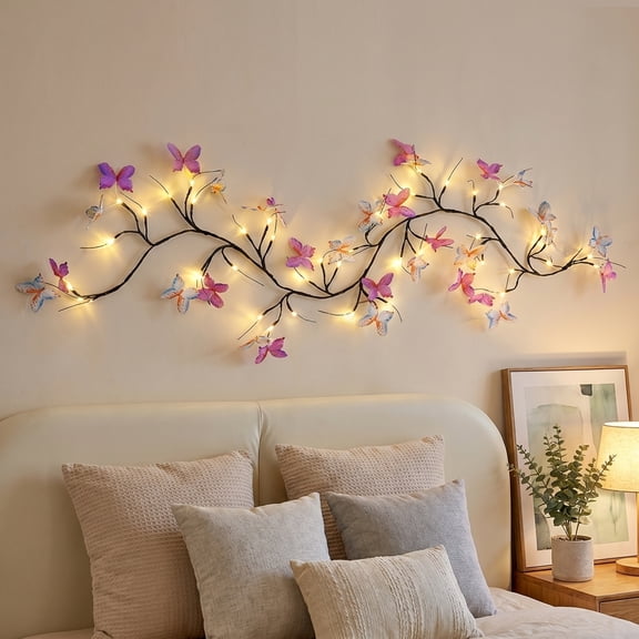Lighted Willow Vine 5.3 FT, Battery Operated & Plug-in Vine Lights with Butterfly Decor for Christmas, Wedding, Nursery, Fireplace, Wall Decor – Flexible Rubber LED Garland
