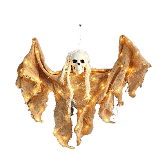 Lighted Winged Skeleton Ghost Halloween Hanging Lamp, Illuminated Flying Skull Phantom with Burlap Gauze String Lights, Spooky Swinging Decor for Garden Entryway Front Door Haunted House Party