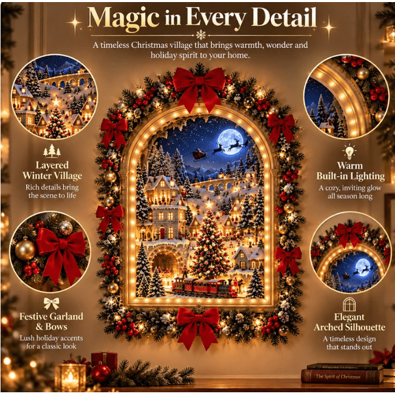 Lighted Winter Village Christmas Wall Hanging Animated Holiday Portal with Moonlit Sky Tree Train and Red Bows Festive Seasonal Home Decoration
