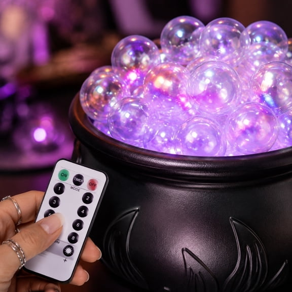 Lighted Witch Cauldron Halloween Centerpiece, Remote Controlled Bubbling Potion Pot with 8 Modes for Tabletop and Spooky Home Display