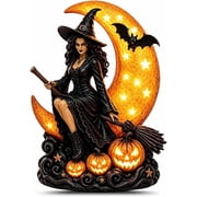 Lighted Witch on Crescent Moon with Pumpkins LED Halloween Tabletop Lamp   Resin Gothic Witch Statue Night Light with Star Projection, Spooky Vintage Decor for Mantel Shelf Home 1PC