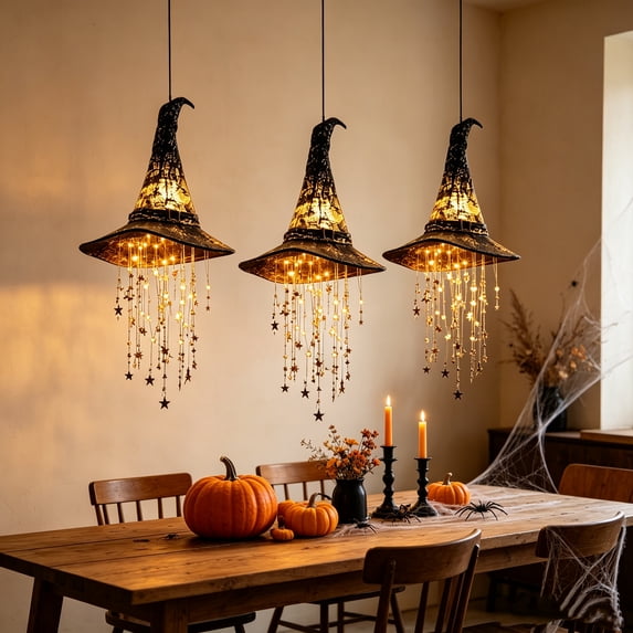 Lighted Witch Hat Hanging Chime, 3Pcs Halloween Magical Glow Witches Hat Hanging Decoration, Festive Spooky Ornament for Porch, Yard & Indoor Outdoor Party Display