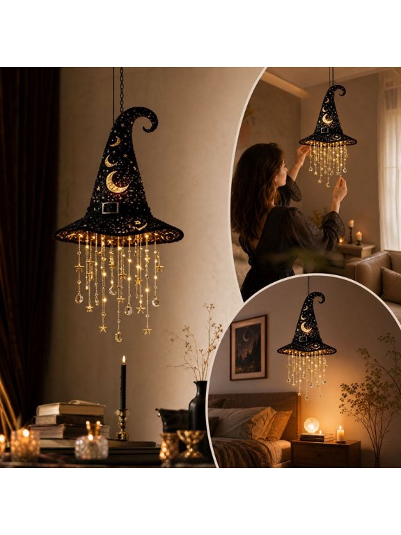 Lighted Witch Hat Hanging Chime, Fabric Witch Hat Decoration with Warm LED Lights and Built In Hook, Halloween Decor for Porches Trees Patios Windows and Entryways