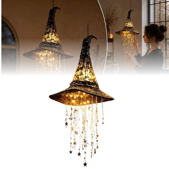 Lighted Witch Hat Hanging Chime, Halloween Decorations with Warm LED Lights, Spooky Fabric Witch Hat with Star Pendants for Halloween Home Decor