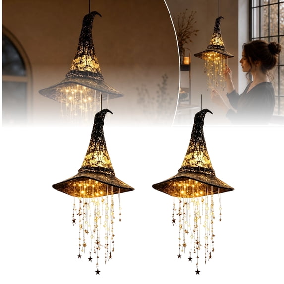 Lighted Witch Hat Hanging Chime, Halloween Decorations with Warm LED Lights, Spooky Fabric Witch Hat with Star Pendants for Halloween Home Decor