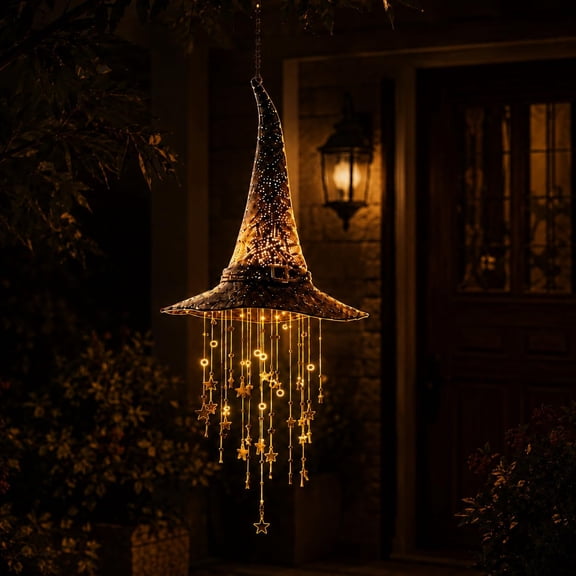 Lighted Witch Hat Hanging Chime Halloween Witch Hat Lamp Stars