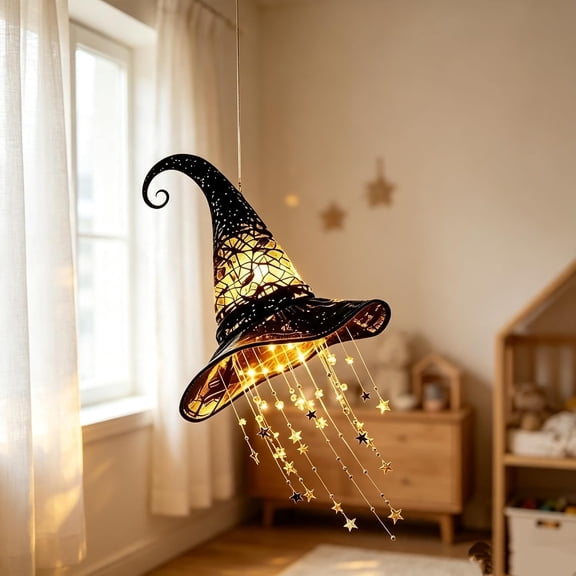 Lighted Witch Hat Hanging Chime, LED Halloween Hanging Decor, Versatile Indoor & Outdoor Use – Lighted Witch Hat Hanging Decor with Cascading Stars