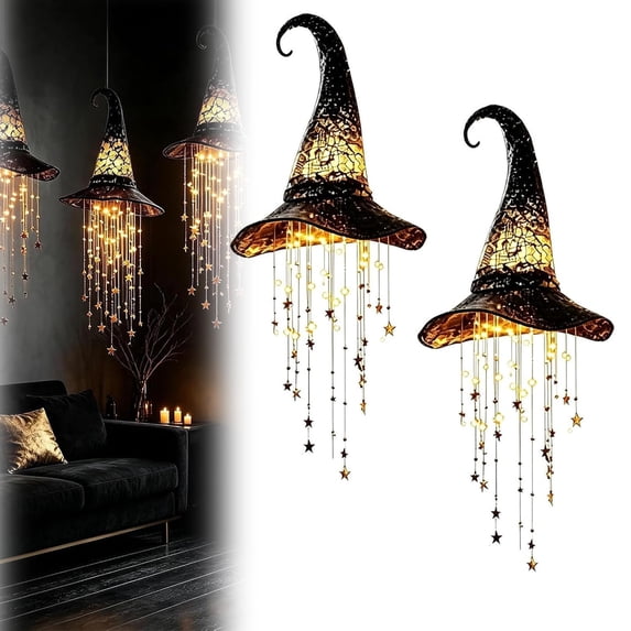 Lighted Witch Hat Hanging Chime, LED Halloween Light Up Hanging Decor with Star Garland for Outdoor Porch Tree Yard Party, 15.55 in, 2Pcs, by Zovey