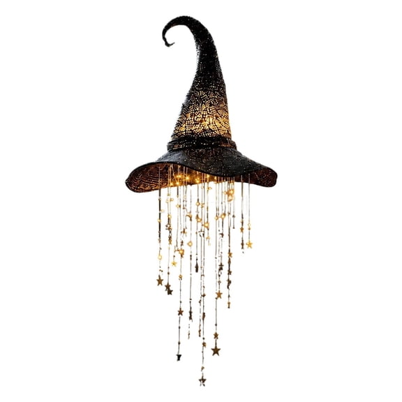 Lighted Witch Hat Hanging Chime, Wind Decor with Glowing Lights For Porch Patio, Black Mesh Lamp Pendants, Indoor Ornament with Cascading Star, Gifts for Entryway of Star Arts