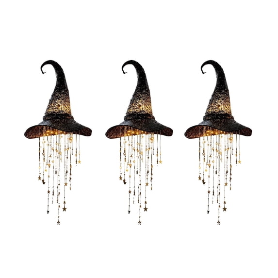 Lighted Witch Hat Hanging Chime, Wind Decor with Glowing Lights For Porch Patio, Black Mesh Lamp Pendants, Indoor Ornament with Cascading Star, Gifts for Entryway of Star Arts