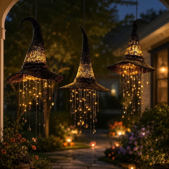 Lighted Witch Hat Hanging Chime, Wind Decor with Glowing Lights