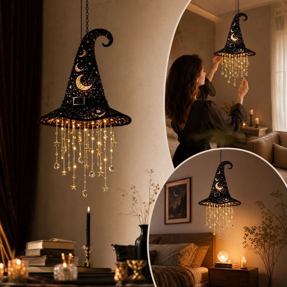 Lighted Witch Hat Hanging Chime with LED Lights, Halloween Porch Yard Decor(001)