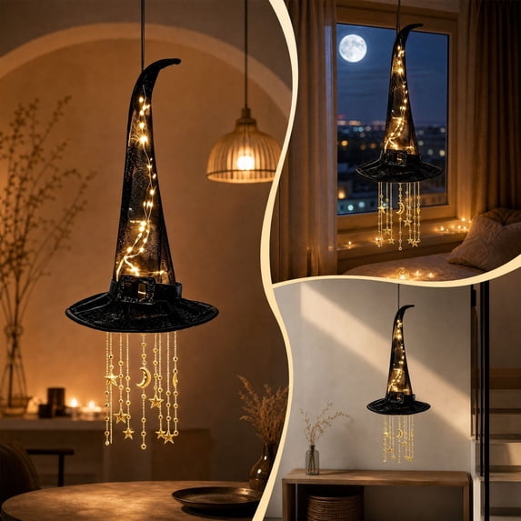 Lighted Witch Hat Hanging Chime with LED Lights, Halloween Porch Yard Decor (002)