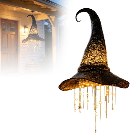 Lighted Witch Hat Wind Chime - Halloween LED Hanging Decoration with Melodic Tones, Classic Witch Hat Shape with Warm Glow, Battery/Solar Powered, for Porch Patio Garden Indoor