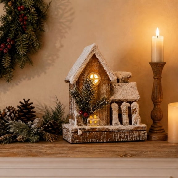 Lighted Wooden Christmas House Figurine, Snow Covered Rustic Cabin Tabletop Decor with Pine, Winter Holiday Mantel Shelf Decoration