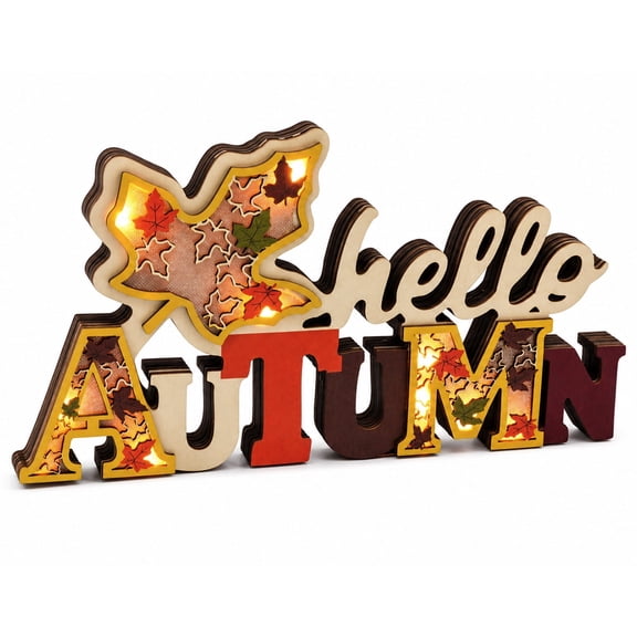 Fall Wooden Table Decor,"Hello Autumn" Rustic Fall Decor Sign with 3D LED Maple Leaves for Thanksgiving,Harvest,Home Decor