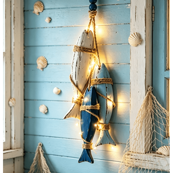 Lighted Wooden Fish & Starfish Wall Decor – Beachy Wall Decor with Warm LEDs, Coastal Nautical Hanging Decor for Bathroom, Porch & Beach House,With lights(Fish)