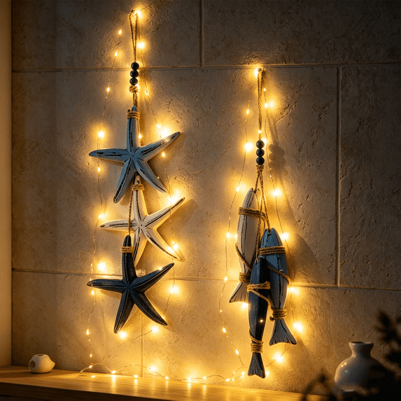 Lighted Wooden Fish & Starfish Wall Decor, Beachy Wall Decor with Warm LEDs, Coastal Nautical Hanging Decor for Bathroom, Porch & Beach House (Fish)