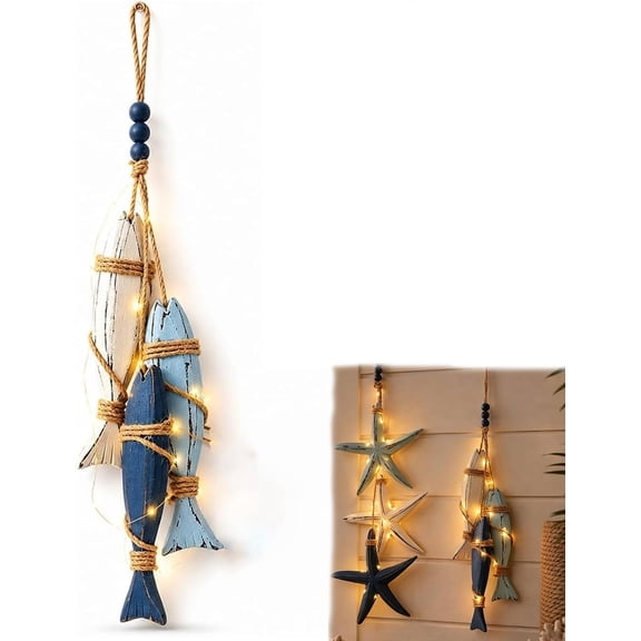 Lighted Wooden Fish & Starfish Wall Decor, Coastal Pendant Hanging Ornament with Warm LEDs, Mediterranean Beach Style Rope for Bathroom Porch House Cafe Restaurant Ocean