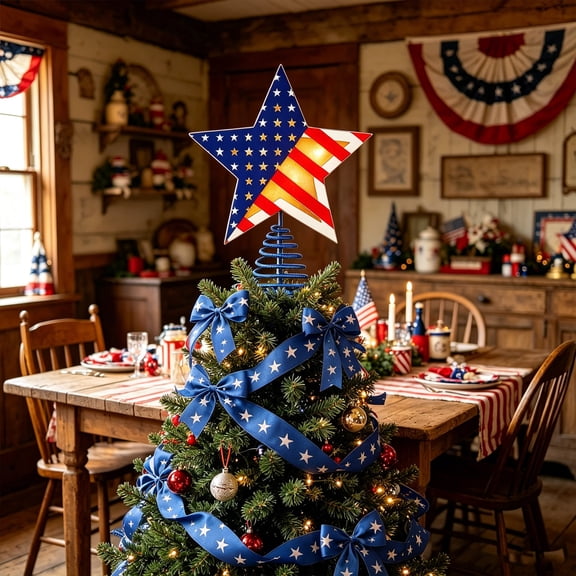 Lighted Wooden Star Tree Topper 10 Inch Patriotic Red White Blue LED Glow for Independence Day Holiday Decor