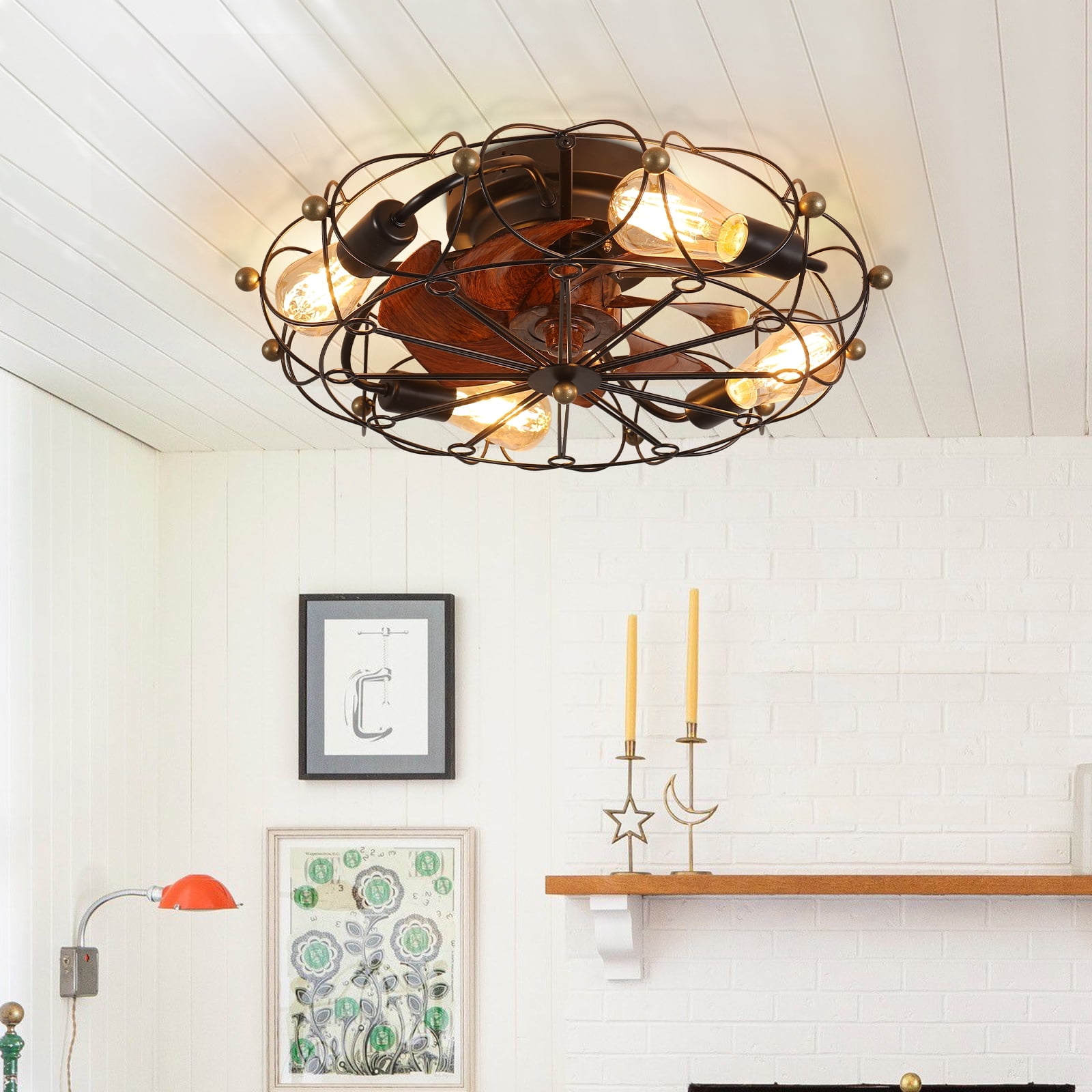 Lighted ceiling fan,19.7-inch low-profile ceiling fan with guard, small recessed LED light fixture and remote control, suitable for bedrooms, kitchens, and living rooms (black)