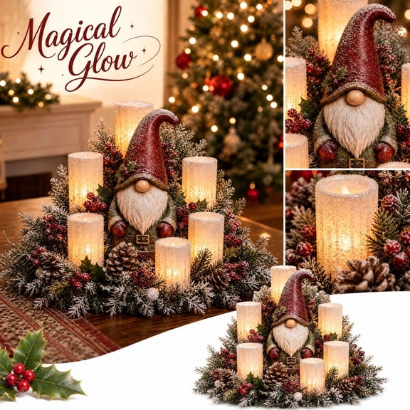 Lighted christmas Centerpiece, Christmas Table Decoration with 6 Flameless Led Candles, Rustic Farmhouse Style with Pinecones and Berries, for Dining Room and Kitchen Table, Holiday Centerpiece
