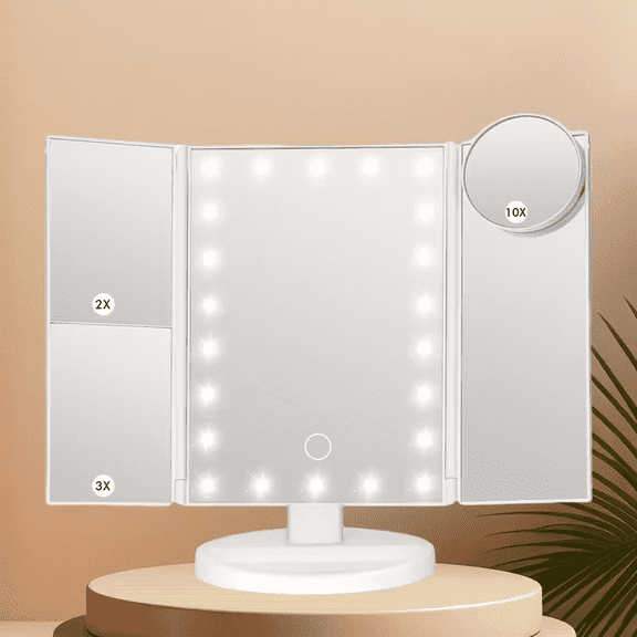Miserwe Lighted Makeup Mirror with Adjustable Brightness - 1x/2x/3x/10x Magnification, Touchscreen 3 - Fold Design, 2 Power Modes, White