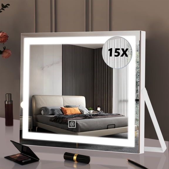 Lighted makeup mirror, touch control with 3 color lights & dimmable brightness. 15X magnifier and 360 rotation, ideal for home use and gifting.