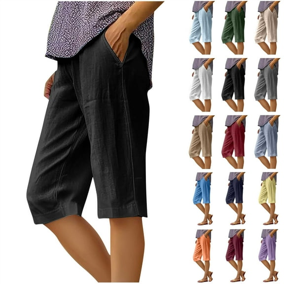 Lighten Sales of The Day, BiZtdJrK Shorts for Women Summer Knee Length Linen Shorts Solid Casual Elastic Waist Beach Shorts Loose Straight Leg Bermuda Shorts with Pockets Black XXL