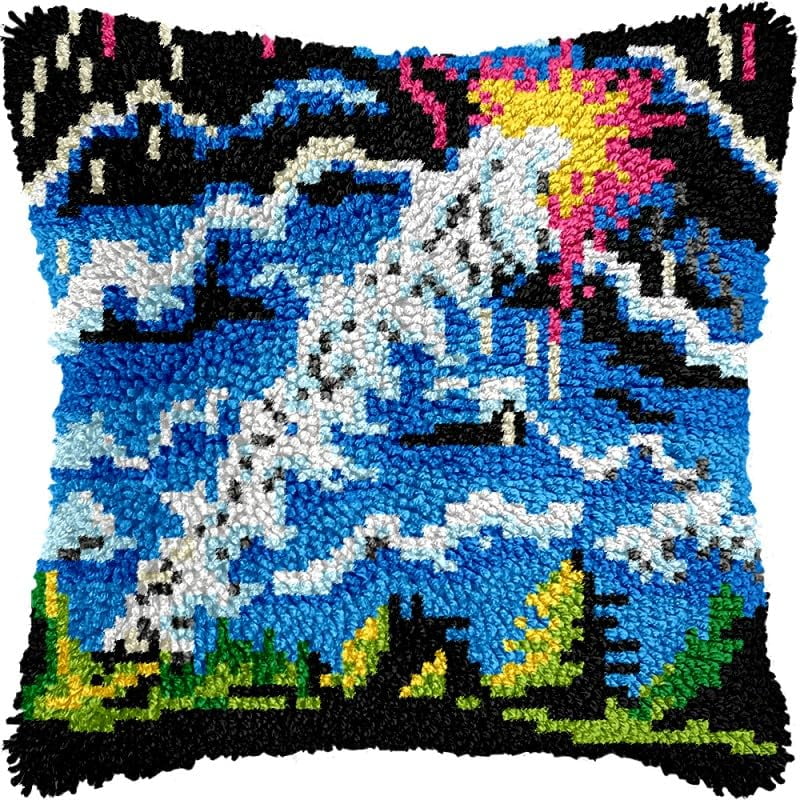 Lightening & Mountains Latch Hook Pillow Kits Pillow Cover with Pattern Printed Canvas Sofa Hooking Pillowcase Cushion Crafts Embroidery Latch Hooking Crochet Starter Kits 17x17 inch(1)