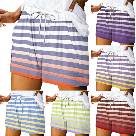 Lightening Sale! lcziwo Womens Gradient Striped Shorts Drawstring Wide Leg Athletic Shorts Trendy Comfy Summer Beach Shorts with Pockets Hot Pink L