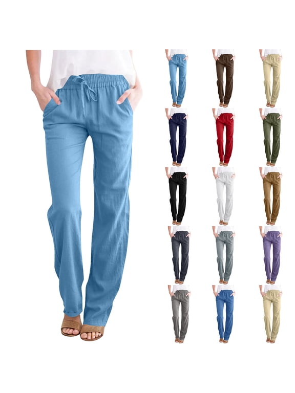 Lightening Sales, BiZtdJrK Cotton Linen Pants for Women Casual Drawstring High Waist Long Trouser Loose Fit Straight Leg Beach Pants with Pockets White L