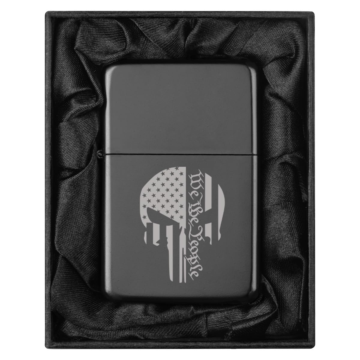 Lighter in Black Silk Lined Gift Box We The People Skull American Flag (Black)