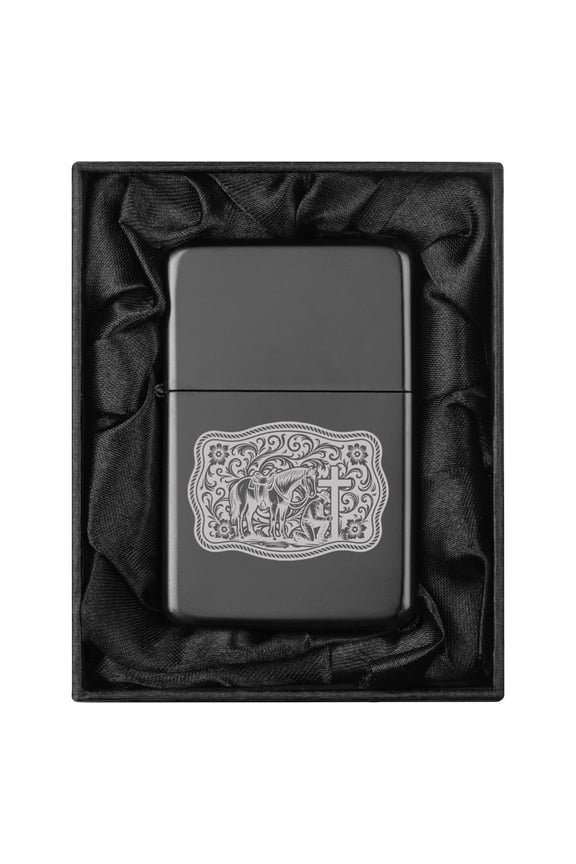 Lighter in Black Silk Lined Gift Cowboy at Cross Belt Buckle (Black)