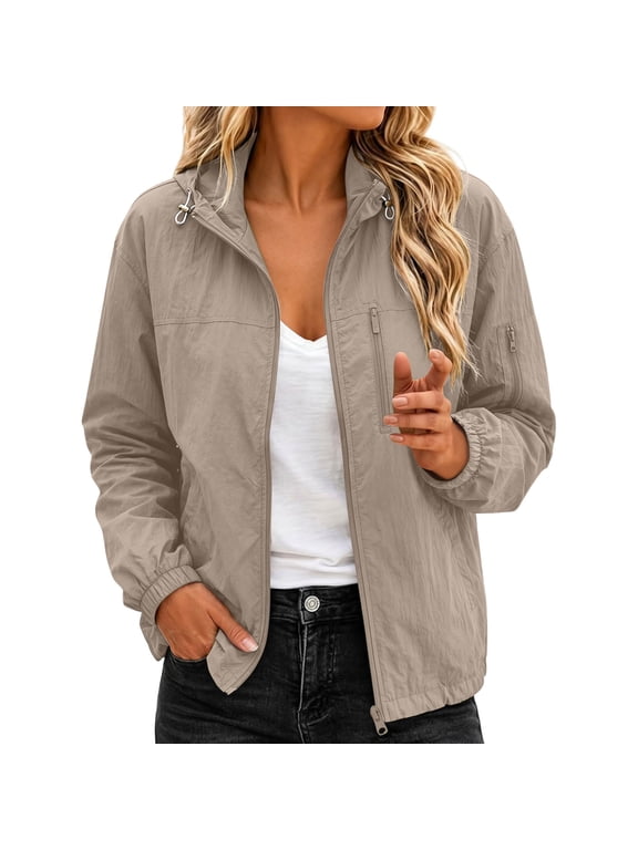 Lightewight Hiking Jackets for Women Hooded Zip Up Utility Jacket with Multi Pocket Outdoor Wear Beige M