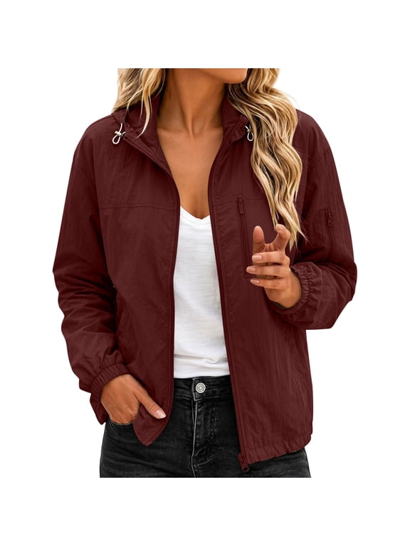 Lightewight Hiking Jackets for Women Hooded Zip Up Utility Jacket with Multi Pocket Outdoor Wear Red 2XL