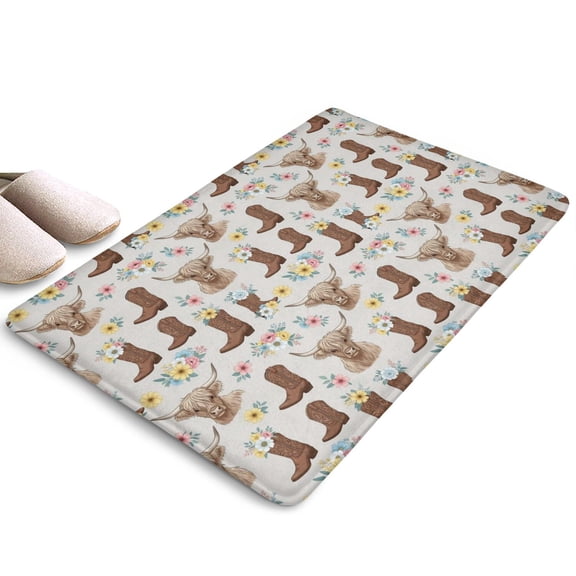 Lightgray Highland Cow Boot Flower Flannel Non Slip Door Rugs,Washable Door Mats Indoor,Decorative Door Mats,Dirt-Resistant and Absorbent Doormat for Entrance,Bedroom,Kitchen,Bathroom,23.5"x16"