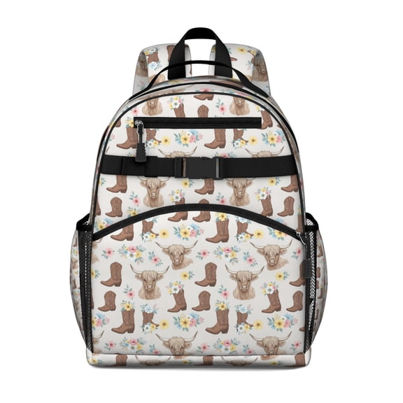 Lightgray Highland Cow Boot Flower Pattern Backpack for School,Cute School Bag,Schoolbag with Adjustable Shoulder Straps & Padded Back,15.25"x11.5"x5.25"