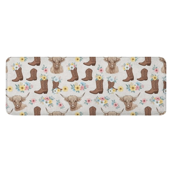 Lightgray Highland Cow Boot Flower Pattern Kitchen Rug Mat,Kitchen Runner Rugs Non Skid Washable,Decorative Kitchen Floor Mats for Kitchen,Sink,Laundry,17"x47.2"