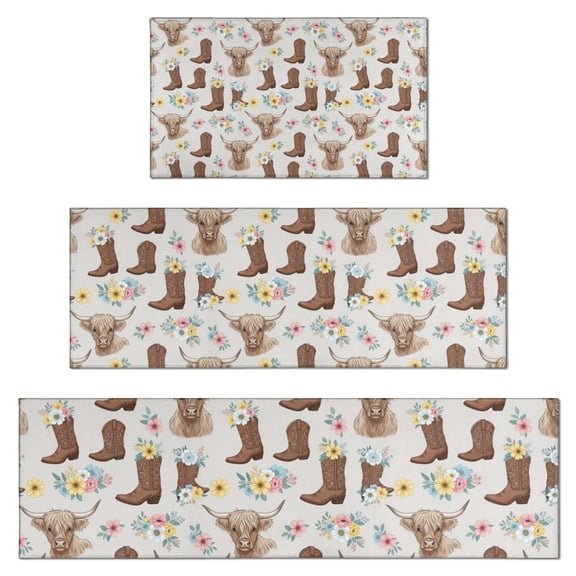 Lightgray Highland Cow Boot Flower Pattern Kitchen Rugs Sets Of 3,Kitchen Runner Rugs Non Skid Washable,Decorative Kitchen Floor Mats for Kitchen,Sink,Laundry,17"x30"+ 17"x47" + 17"x59"