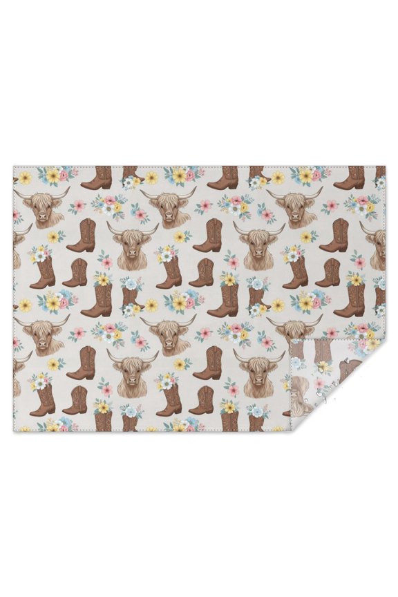 Lightgray Highland Cow Boot Flower Pattern Rectangle Tablecloth 60"x84",Waterproof Polyester Rectangle Table Cloth, Wipeable Spillproof Polyester Tablecloth for Dining, Camping, Indoor and Outdoor